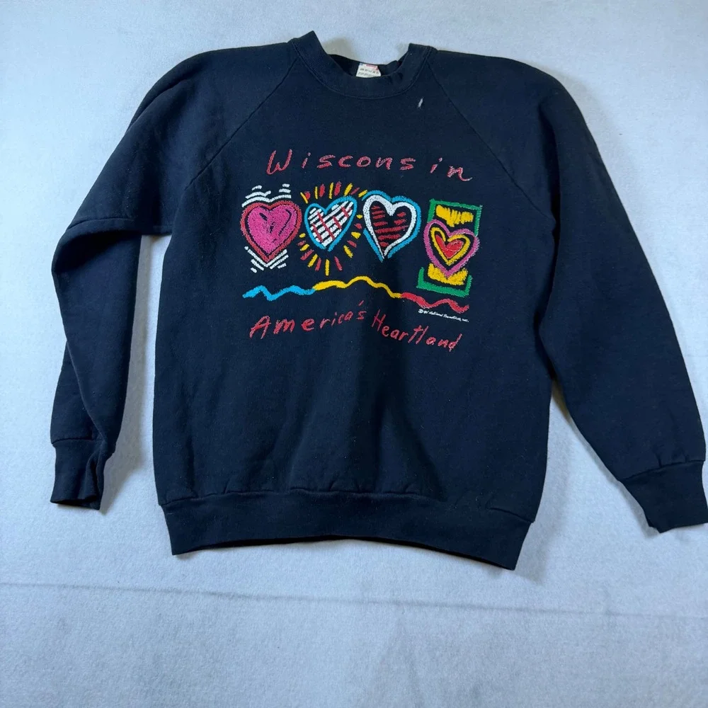 Vintage Fruit of the‎ Loom Wisconsin Americas Heartland Heart Sweatshirt Black L